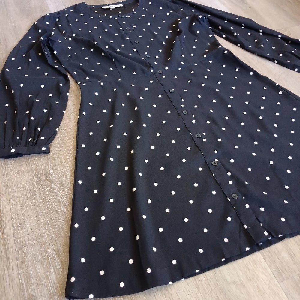 Loft Sz 8pet Black Polka Dot Button-Up Dress Quarter Sleeve Flared Bottom